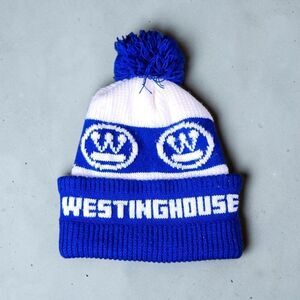 Vintage Westinghouse Pom Beanie Blue White Logo Knit Hat 70s 80s Rare Promo